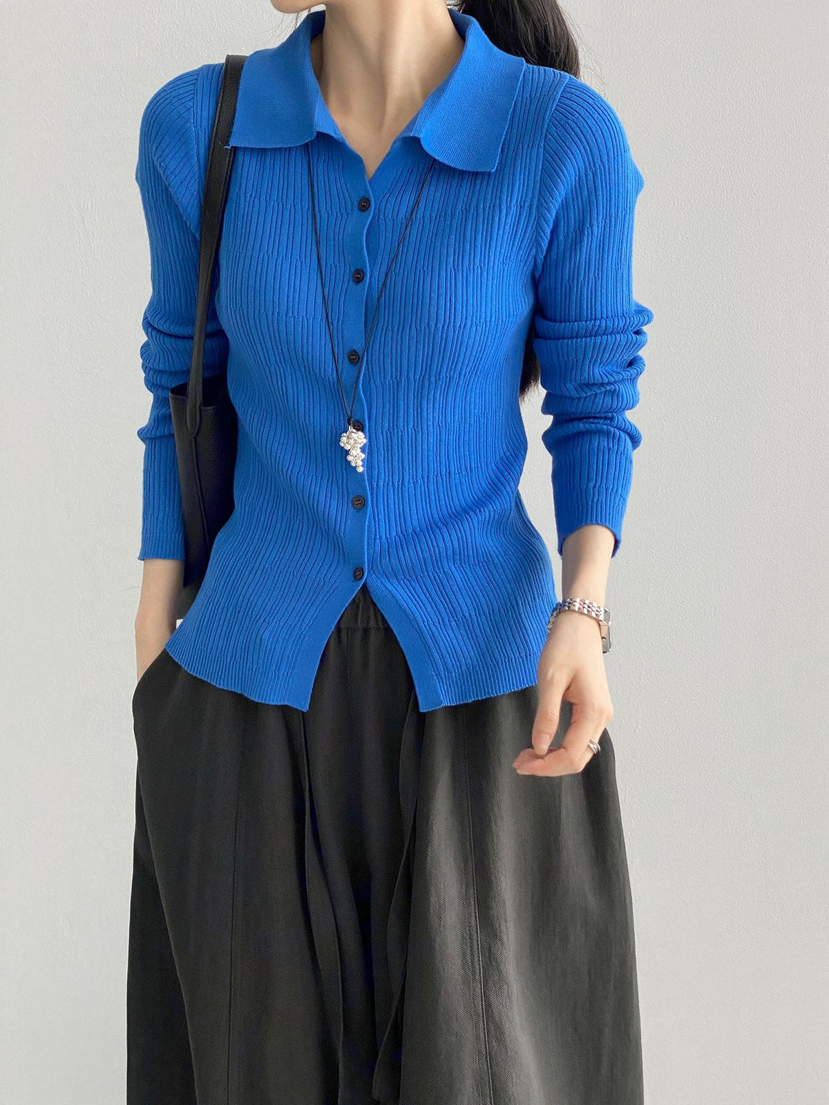 韓系翻領坑條長袖針織內搭上衣-7色