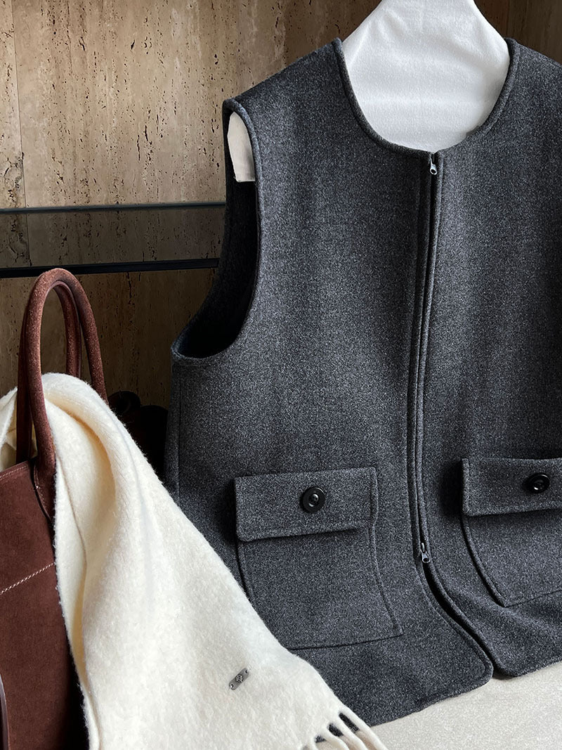 高級感寬鬆毛呢疊穿氣質圓領馬甲