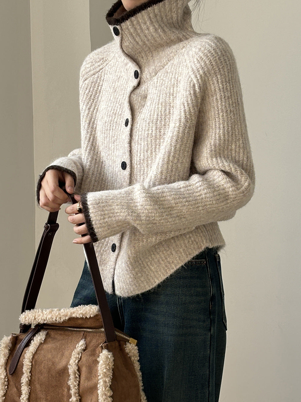 (48H出貨)韓系慵懶撞色翻領單排扣毛衣開衫外套-4色