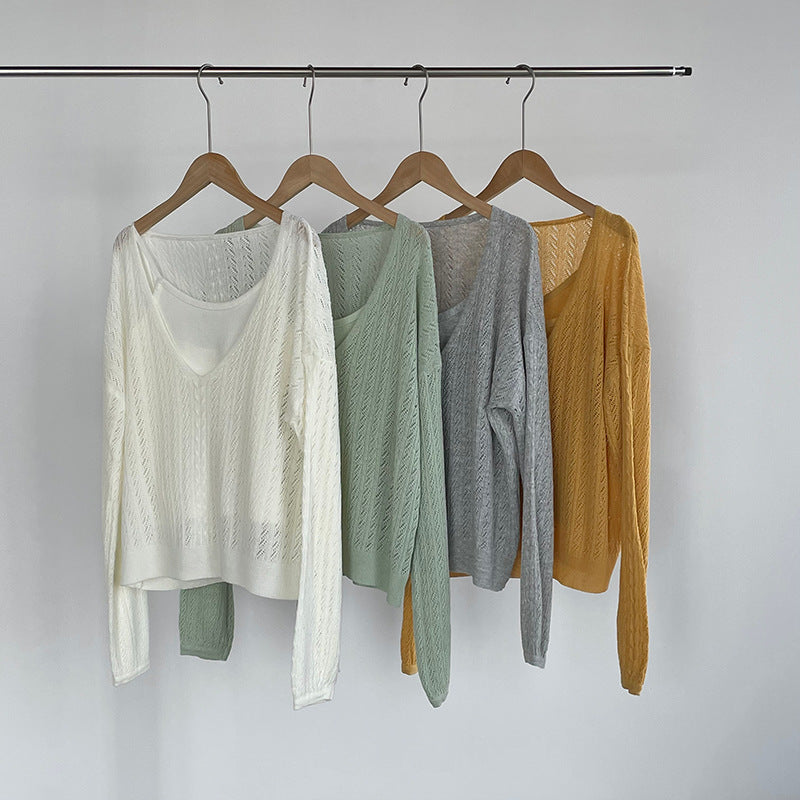 韓系鏤空V領防曬針織罩衫+吊帶上衣-兩件式套裝-4色