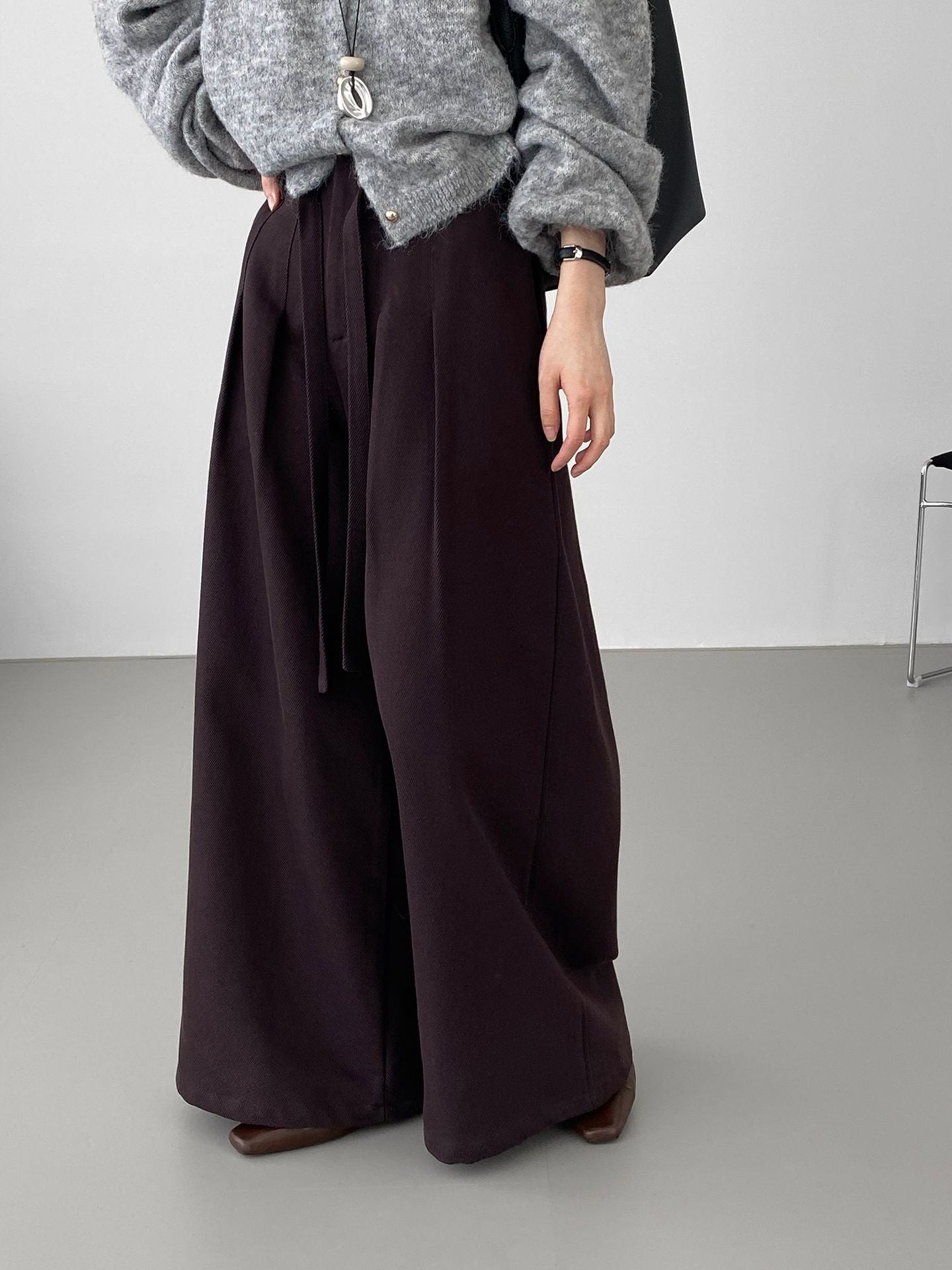 韓系簡約天絲棉繫帶闊腿褲-2色