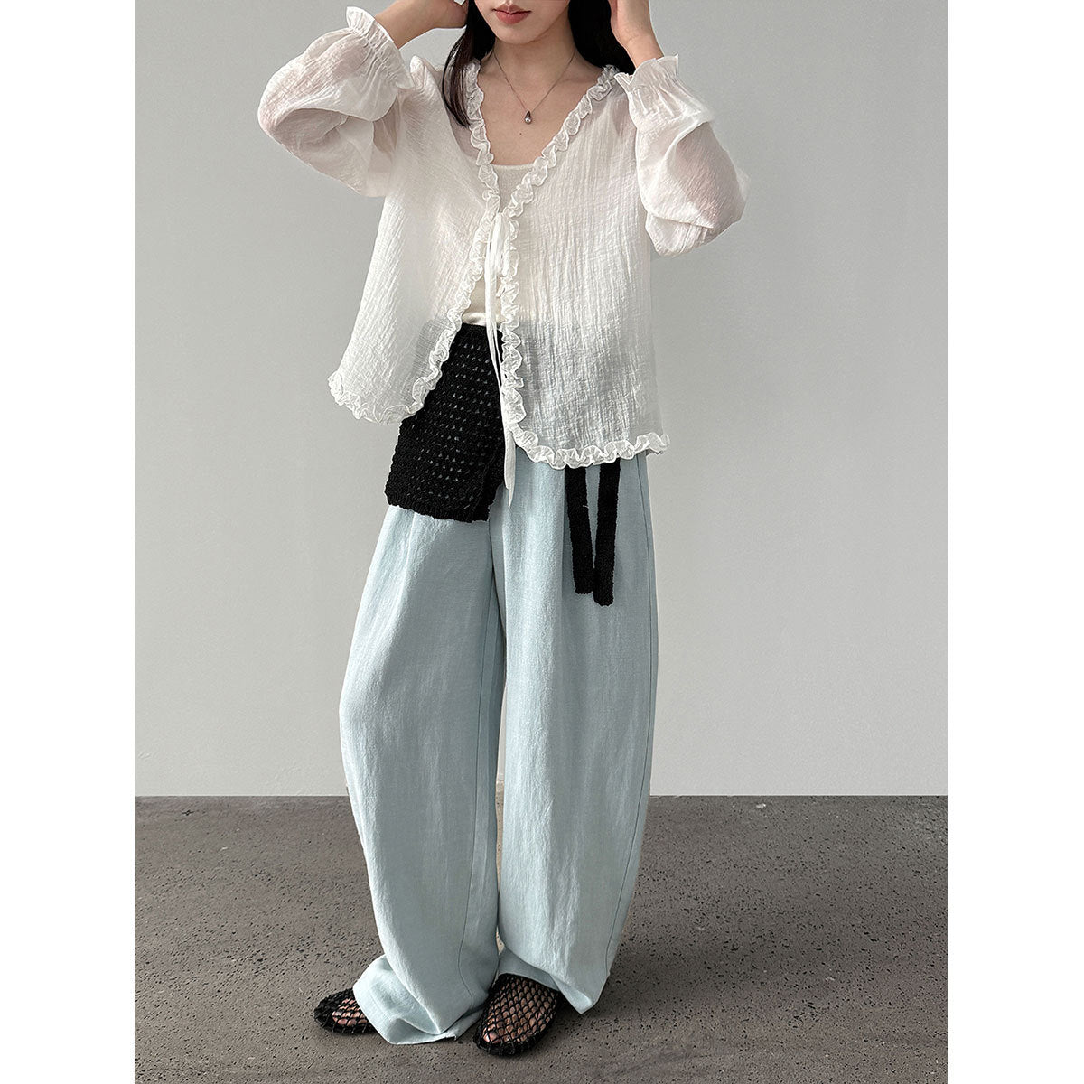 韓系亞麻垂墜感鬆緊腰闊腿褲-3色