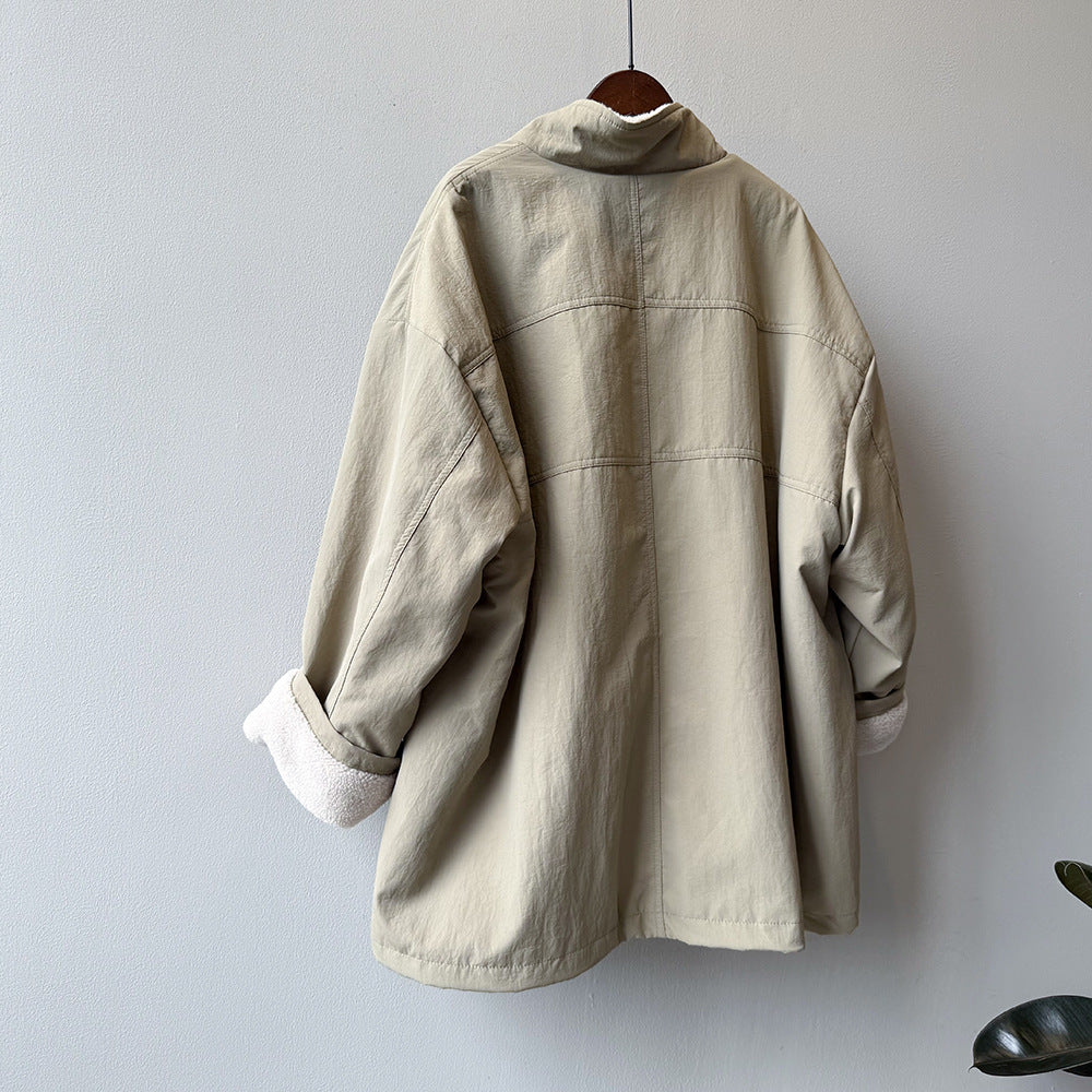 韓系設計感立領羊羔毛工裝保暖派克外套-2色