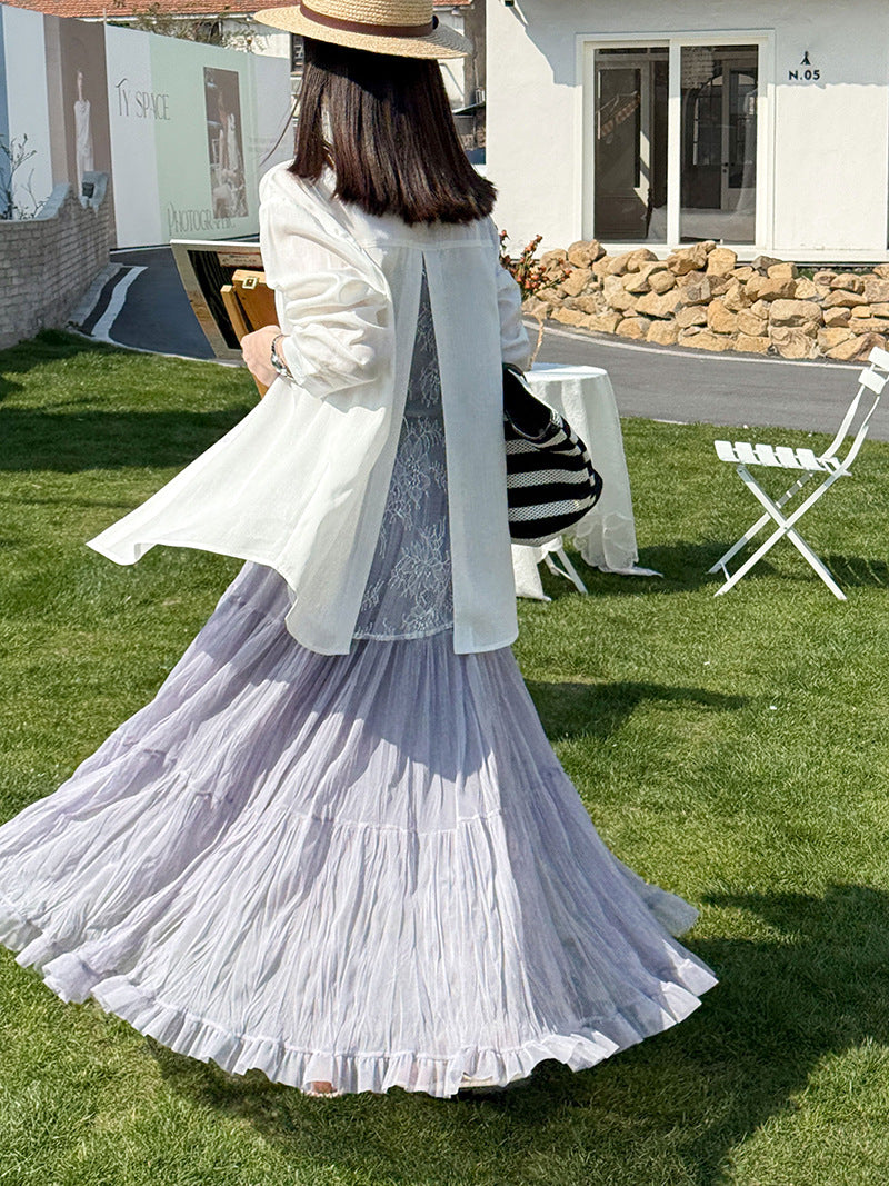 韓系天絲純欲感背後蕾絲純色襯衫外套-2色