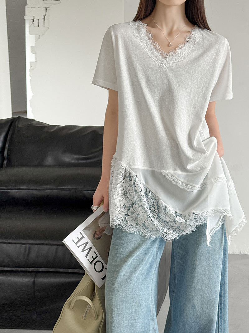 韓系不規則中長款疊穿蕾絲花邊短袖背心上衣-2色