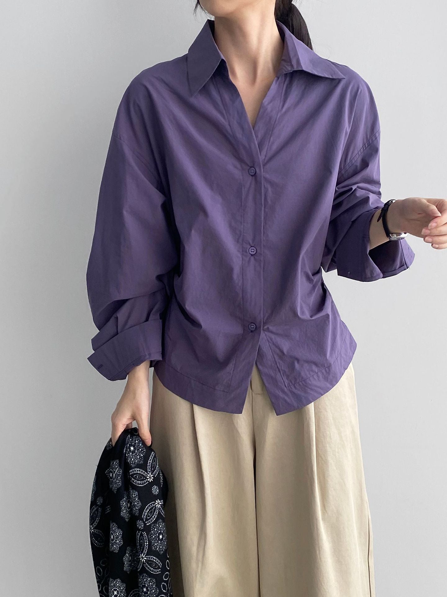 韓系通勤氣質顯瘦抽褶收腰襯衫+含披肩-3色