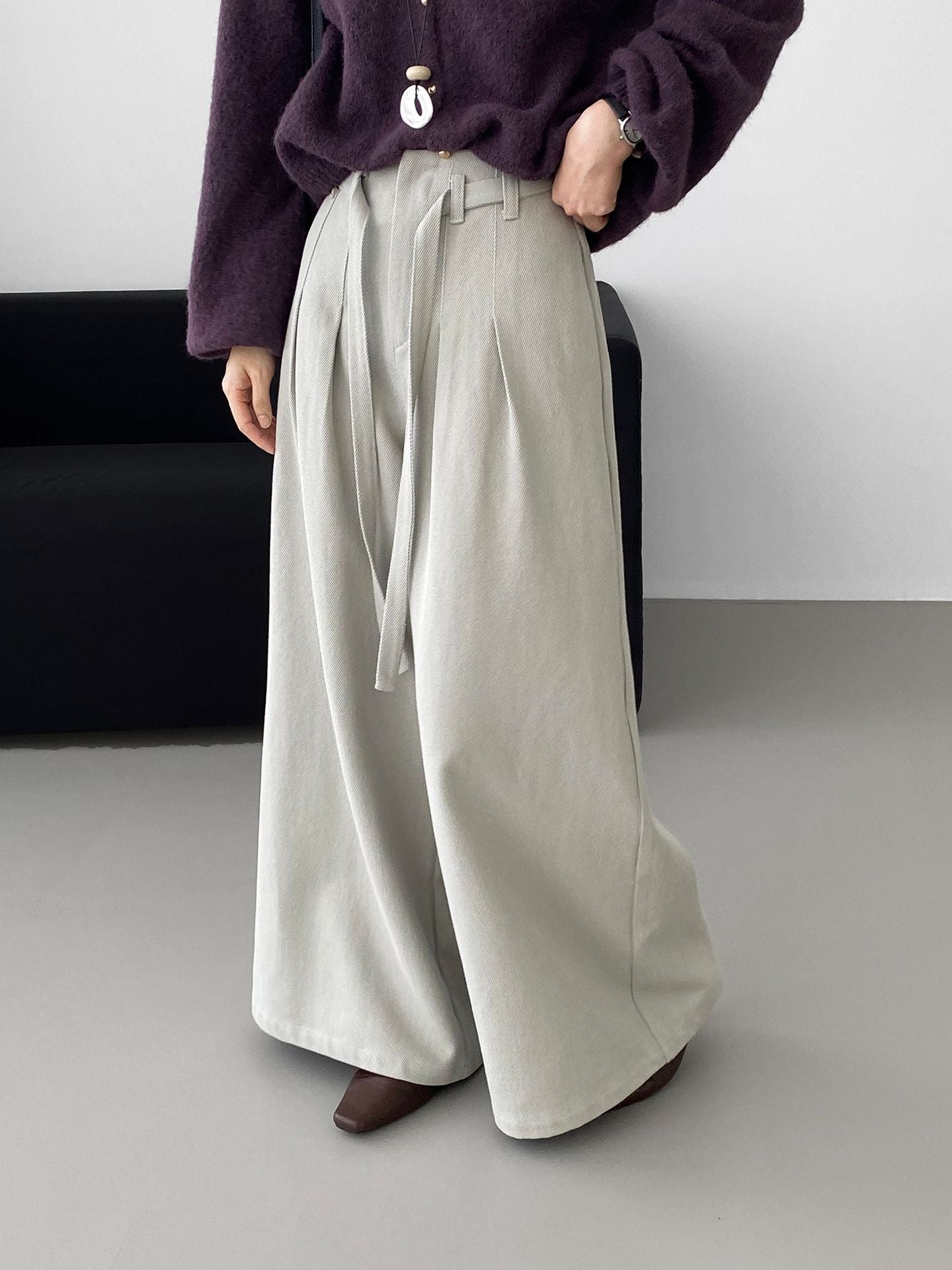 韓系簡約天絲棉繫帶闊腿褲-2色