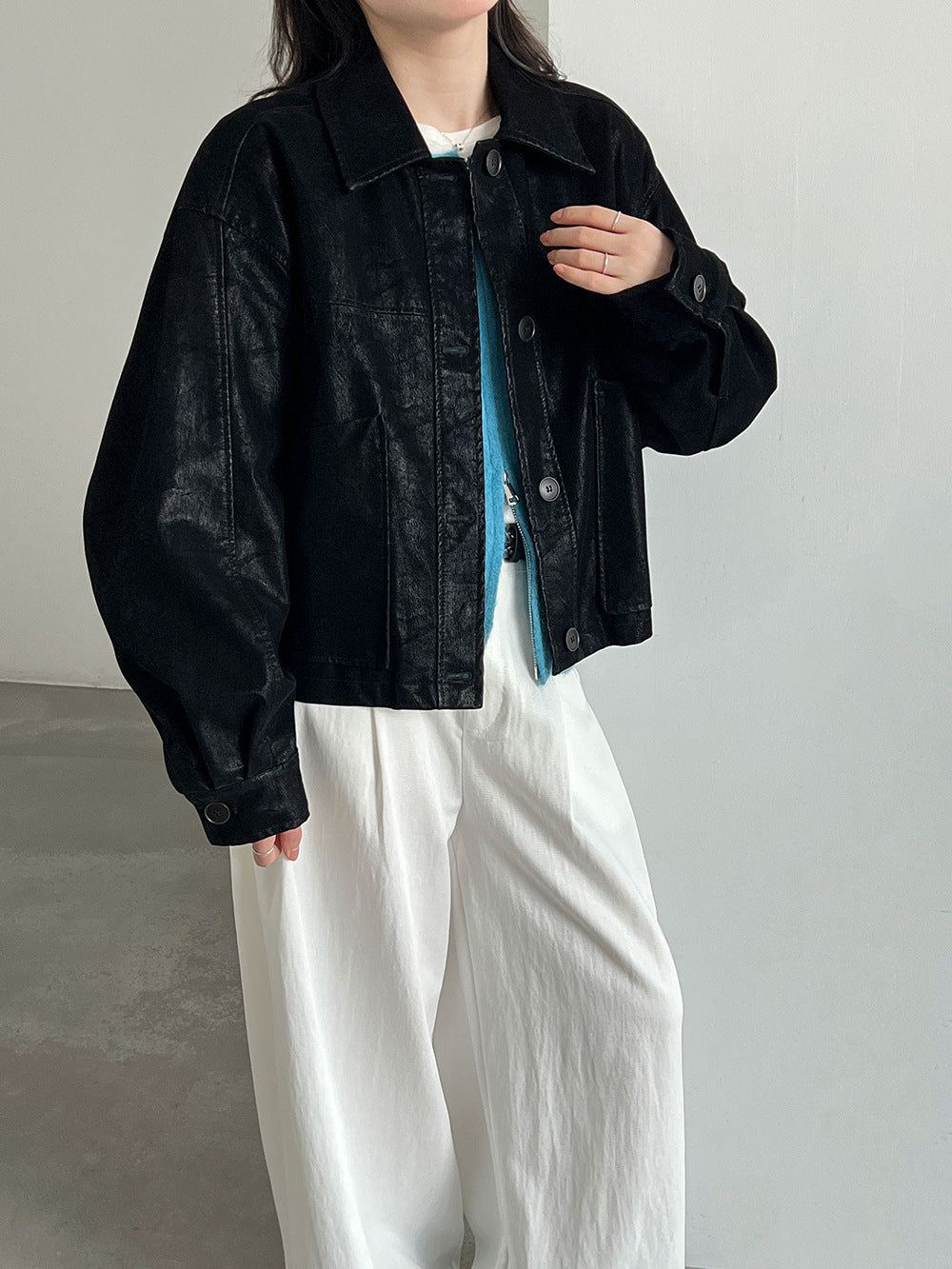 復古麂皮PU翻領機車短版皮衣外套-2色