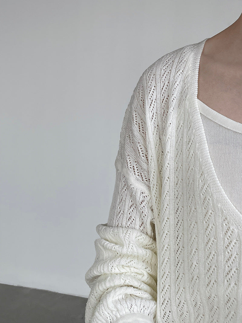 韓系鏤空V領防曬針織罩衫+吊帶上衣-兩件式套裝-4色