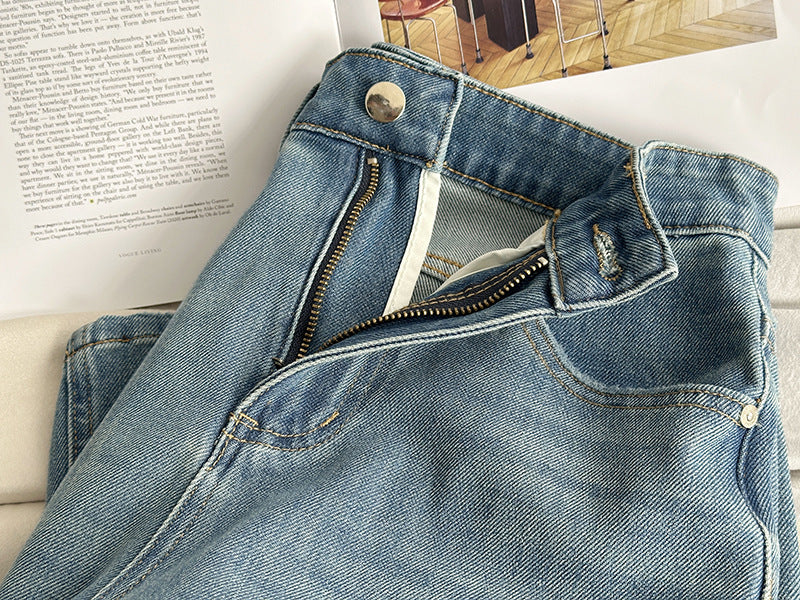 韓系高腰顯瘦寬鬆微喇褲牛仔闊腿褲