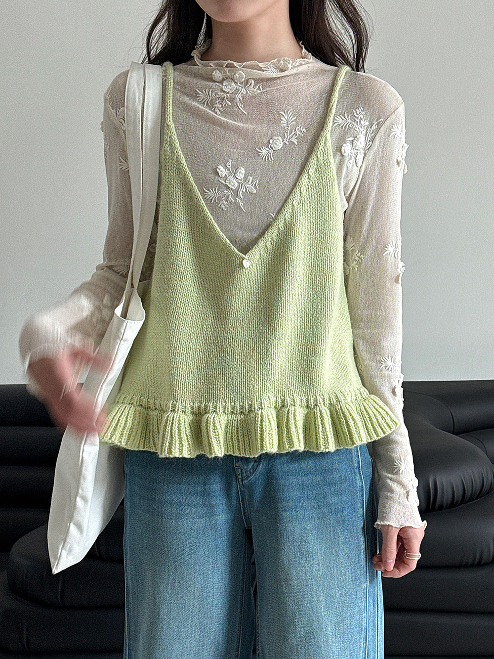 溫柔V領荷葉邊疊穿百搭針織馬甲背心-5色