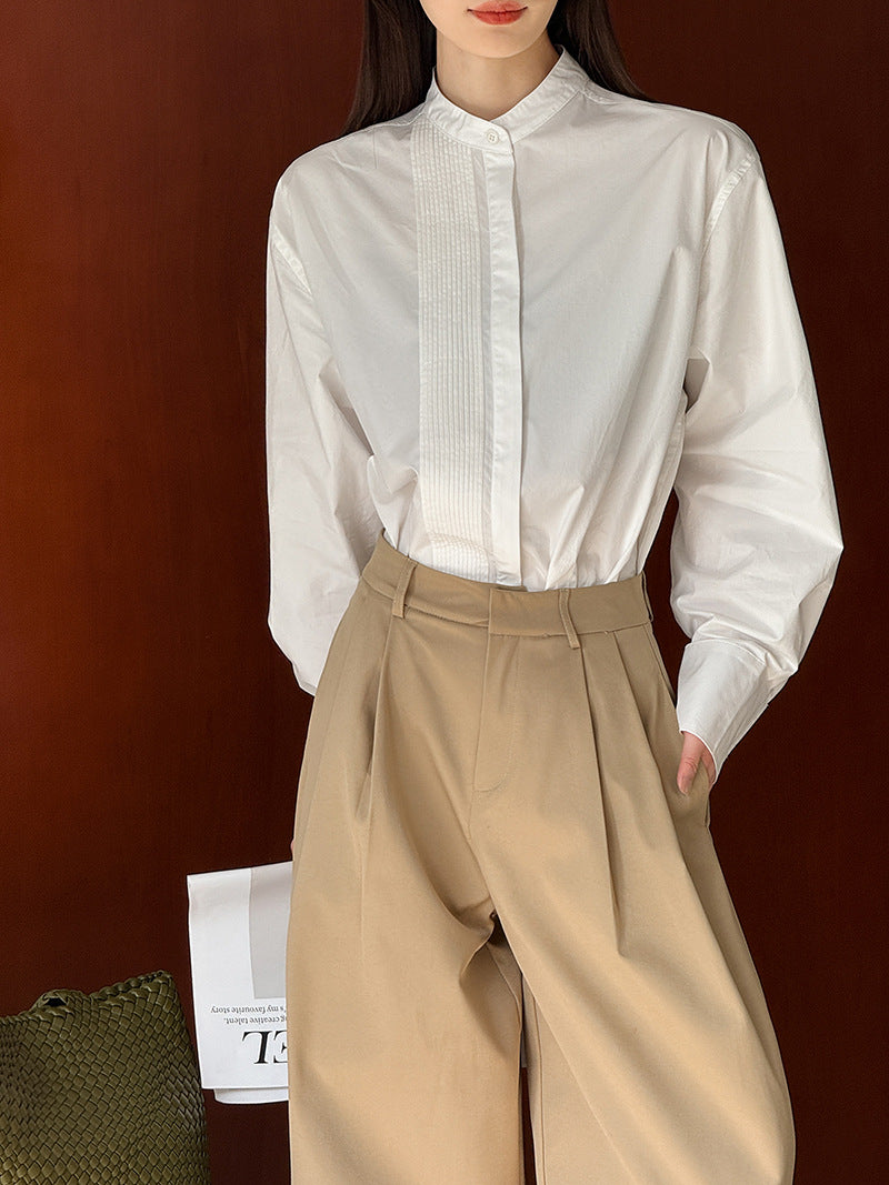 氣質別緻直條褶皺圓領長袖襯衫-2色