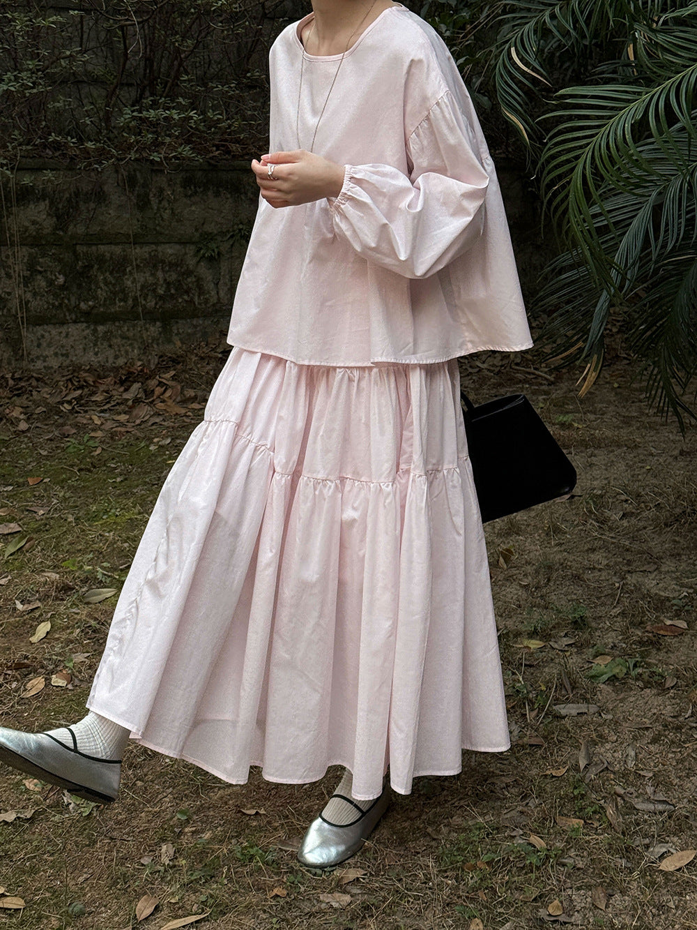 春感甜美娃娃衫+褶皺大擺半身裙-兩件式套裝-2色