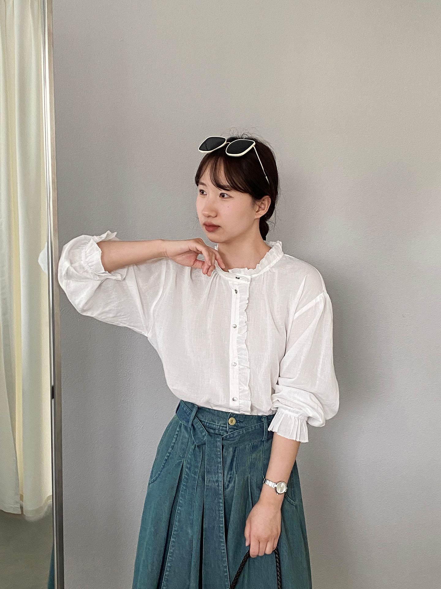 韓系復古木耳花邊領寬鬆喇叭袖苧麻襯衫-2色