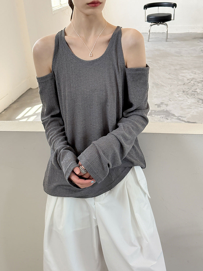韓系亞麻感針織露肩防曬罩衫-2色