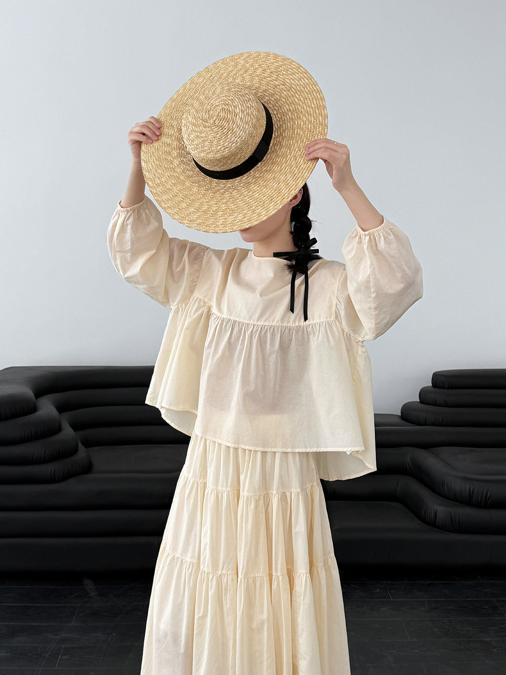 春感甜美娃娃衫+褶皺大擺半身裙-兩件式套裝-2色