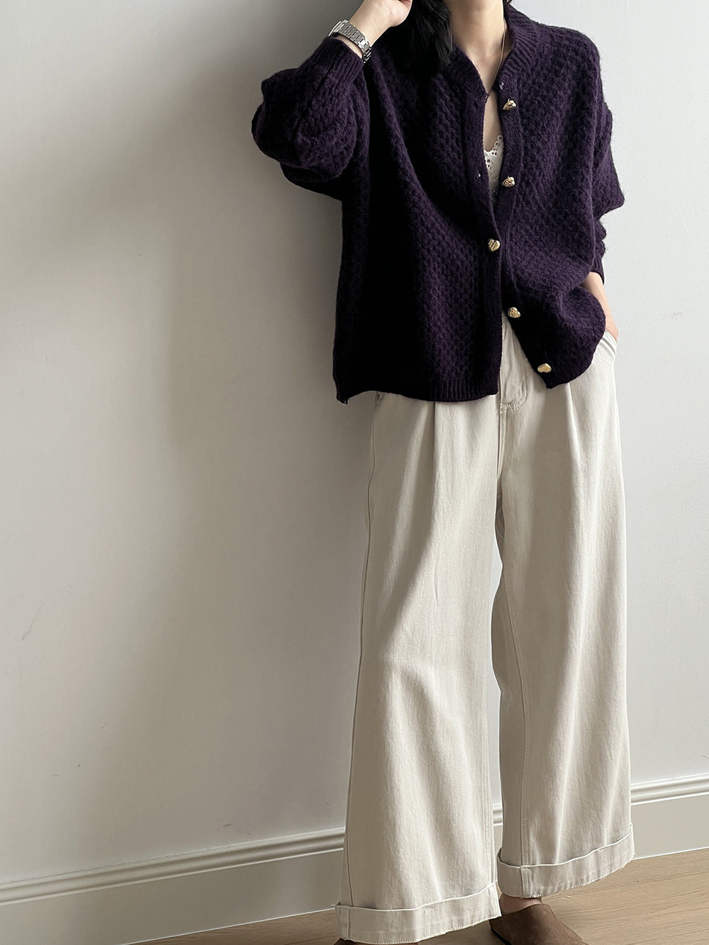 菠蘿紋愛心慵懶扣軟糯針織開衫-3色