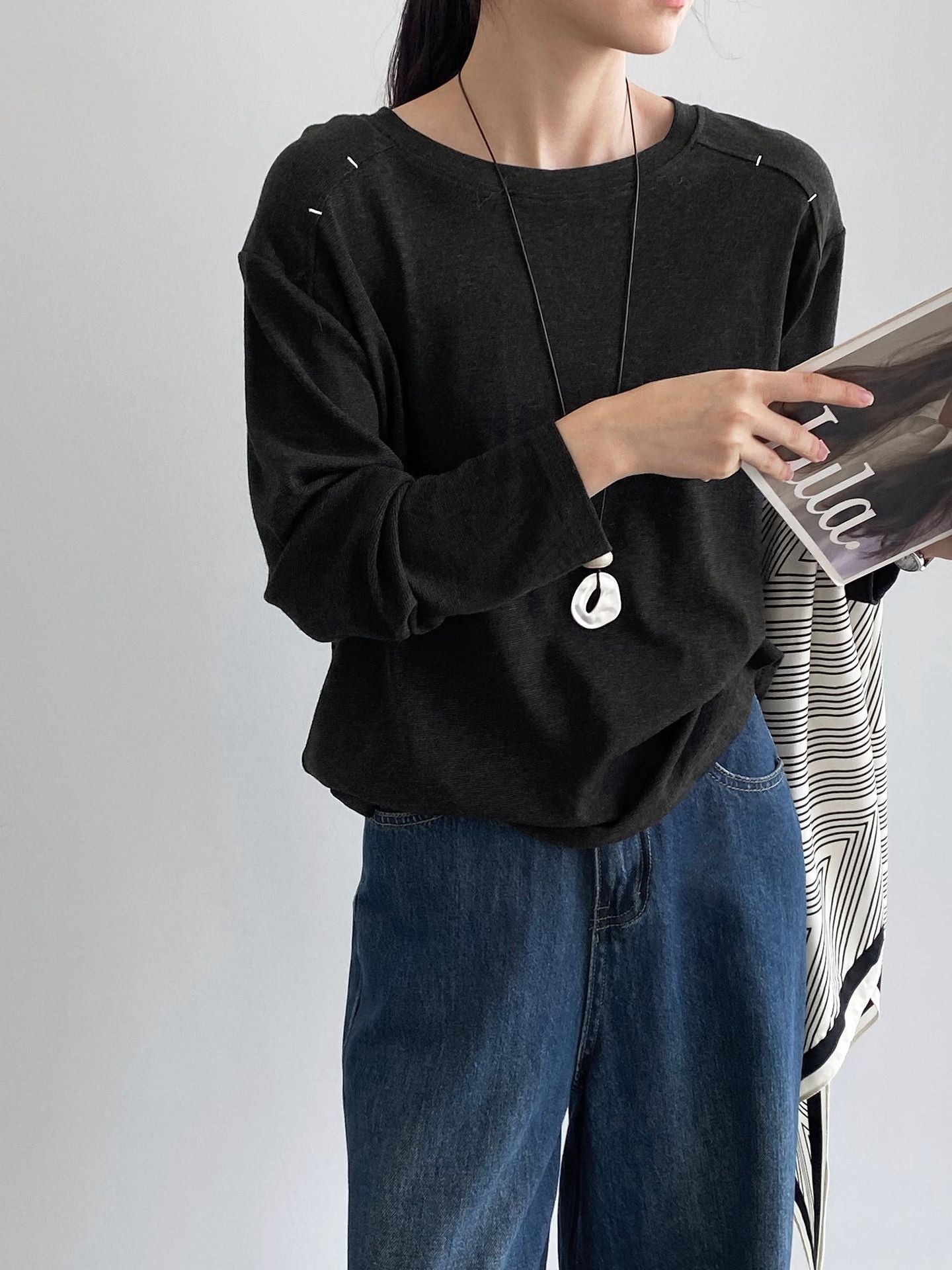 韓系設計款刺繡圓領長袖T恤-4色