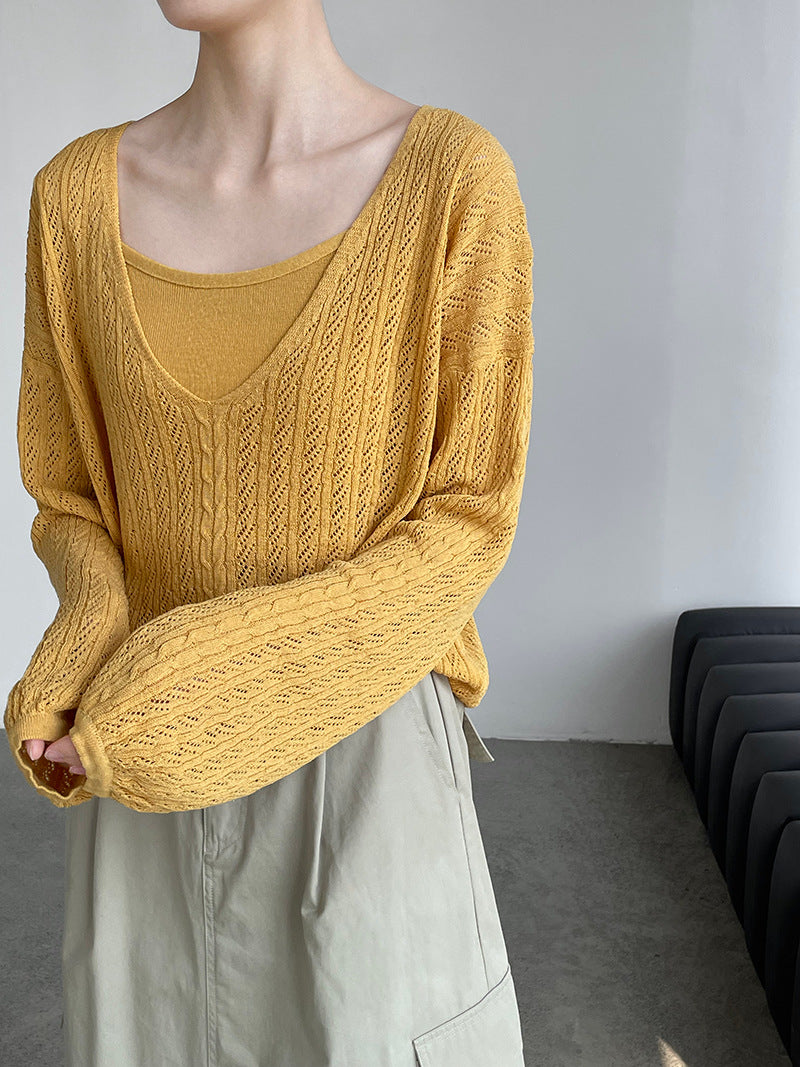 韓系鏤空V領防曬針織罩衫+吊帶上衣-兩件式套裝-4色