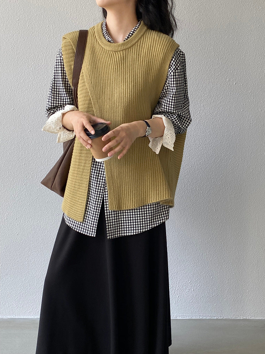 韓版不規則疊穿百搭款針織馬甲上衣-3色