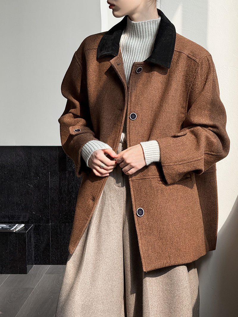 韓系復古翻領氣質撞色羊毛夾克外套-2色