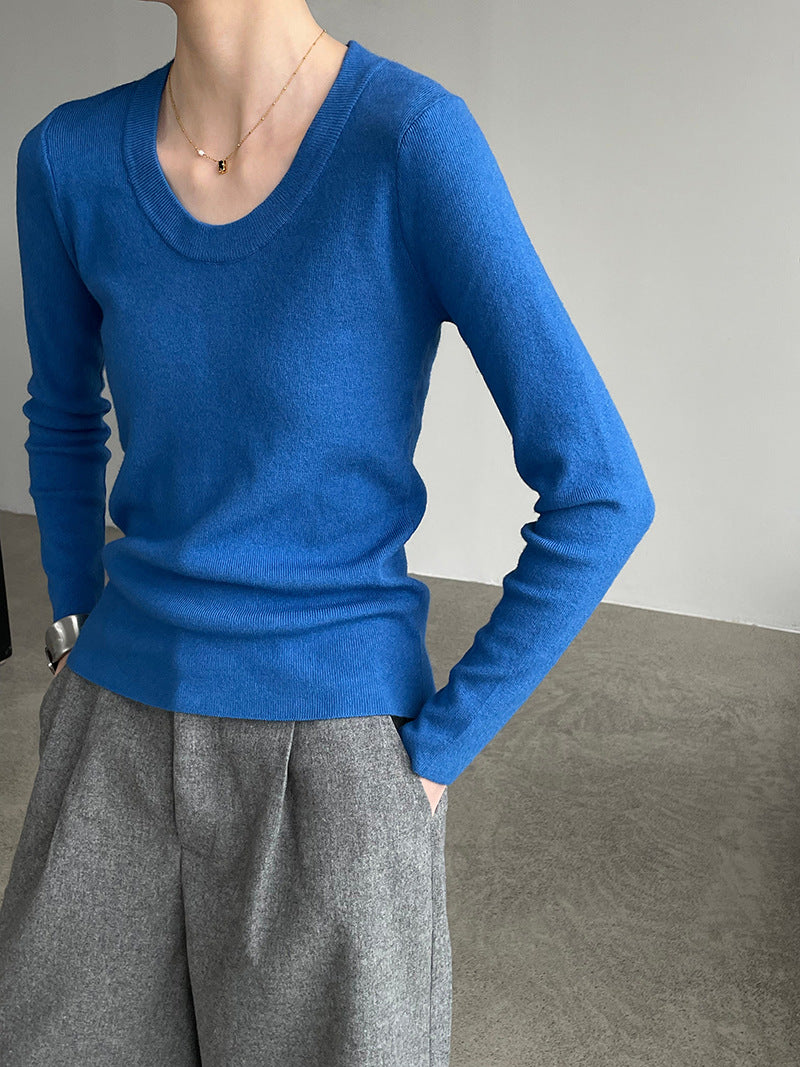 U領露鎖骨顯瘦軟糯針織打底衫-8色