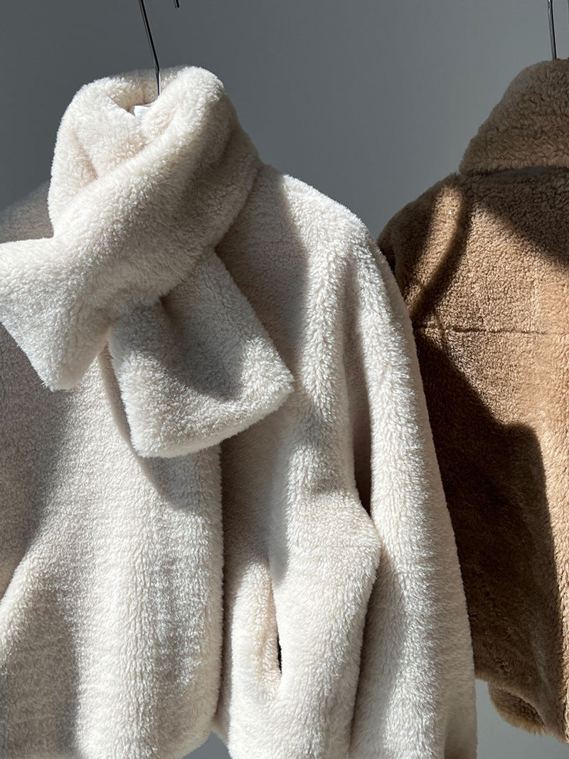 保暖毛絨皮草羊羔毛外套+圍巾-2色