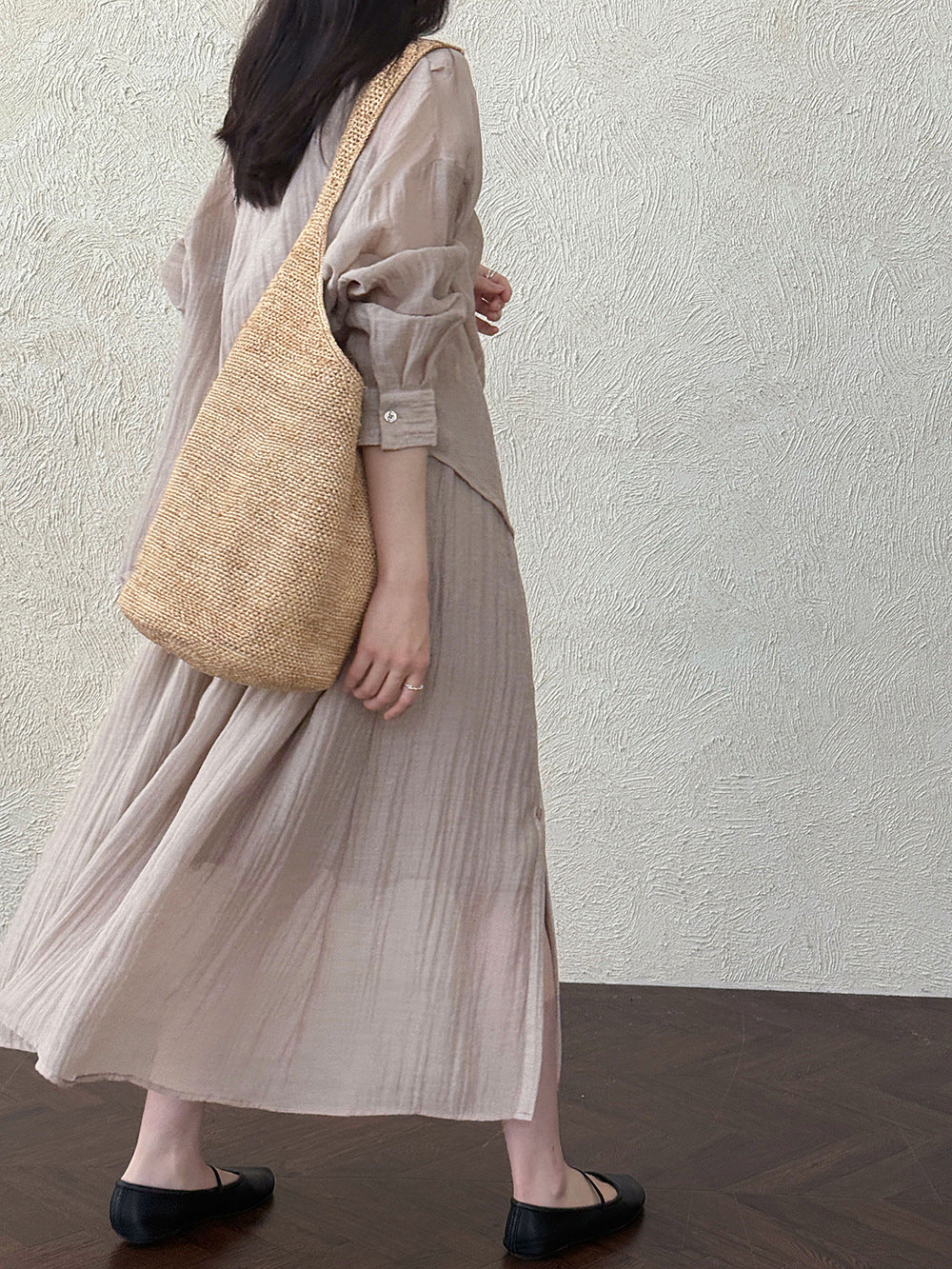 復古慵懶春感打褶襯衫+休閒半身裙-兩件式套裝-3色