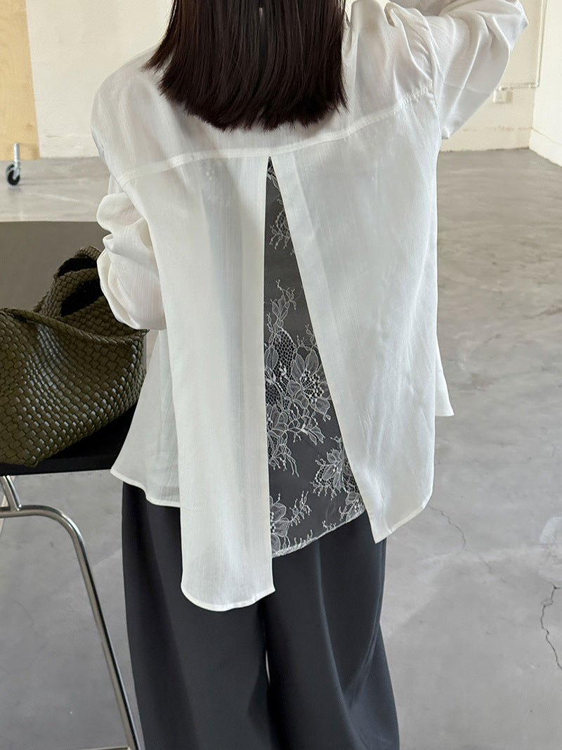 韓系天絲純欲感背後蕾絲純色襯衫外套-2色