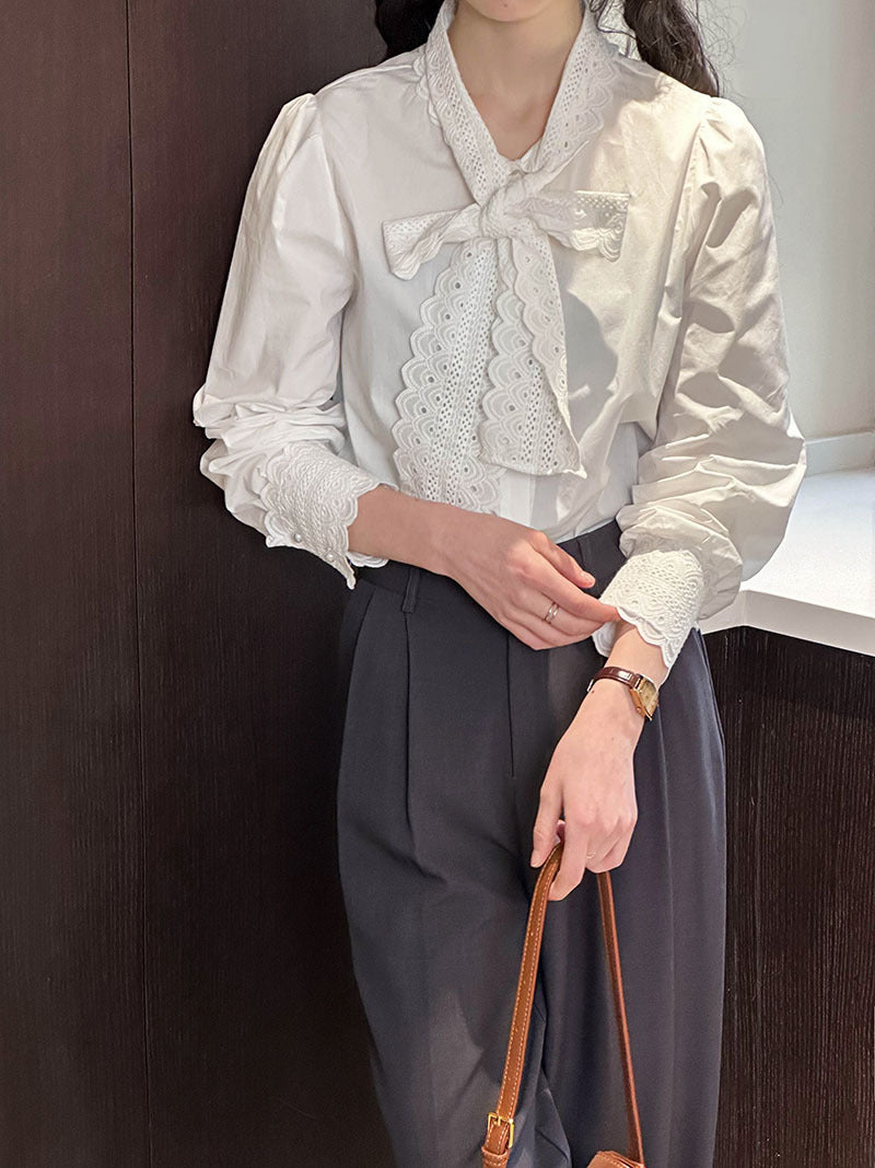 韓系氣質蝴蝶結白色襯衫