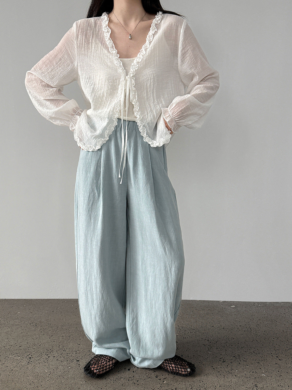 韓系亞麻垂墜感鬆緊腰闊腿褲-3色