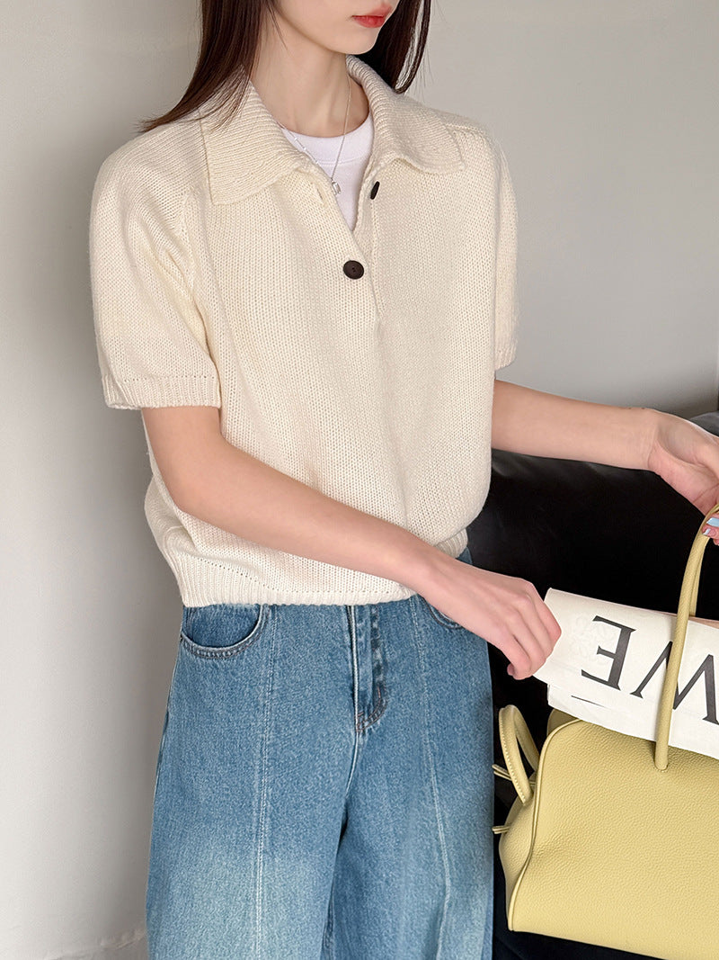 韓系氣質疊穿簡約Polo領針織顯瘦短袖毛衣-3色