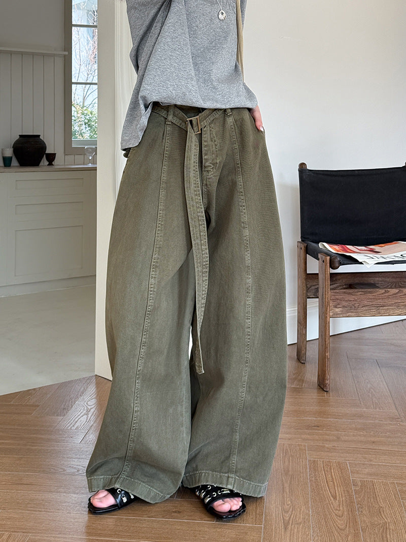 韓系復古高腰寬鬆顯瘦闊腿牛仔褲+腰帶-3色