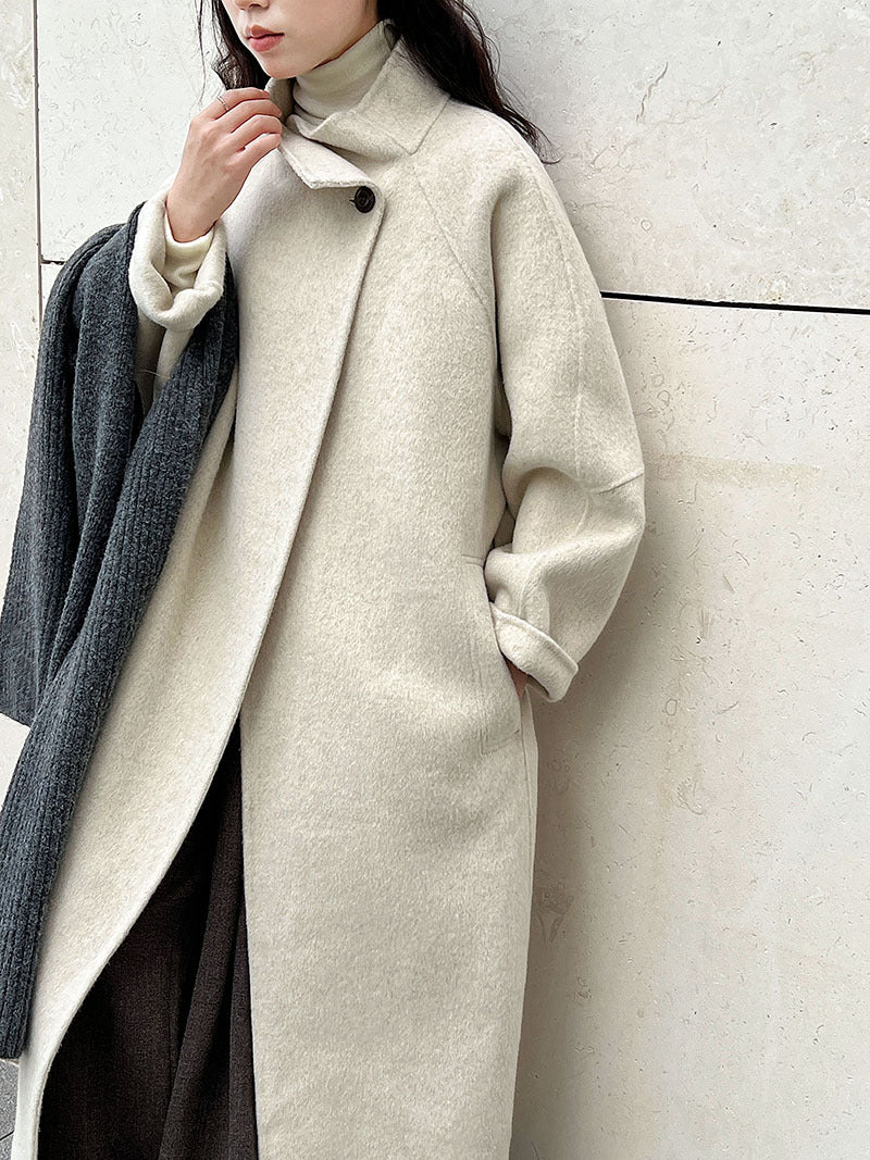 韓版慵懶斜扣領長款雙面呢羊毛大衣外套-3色