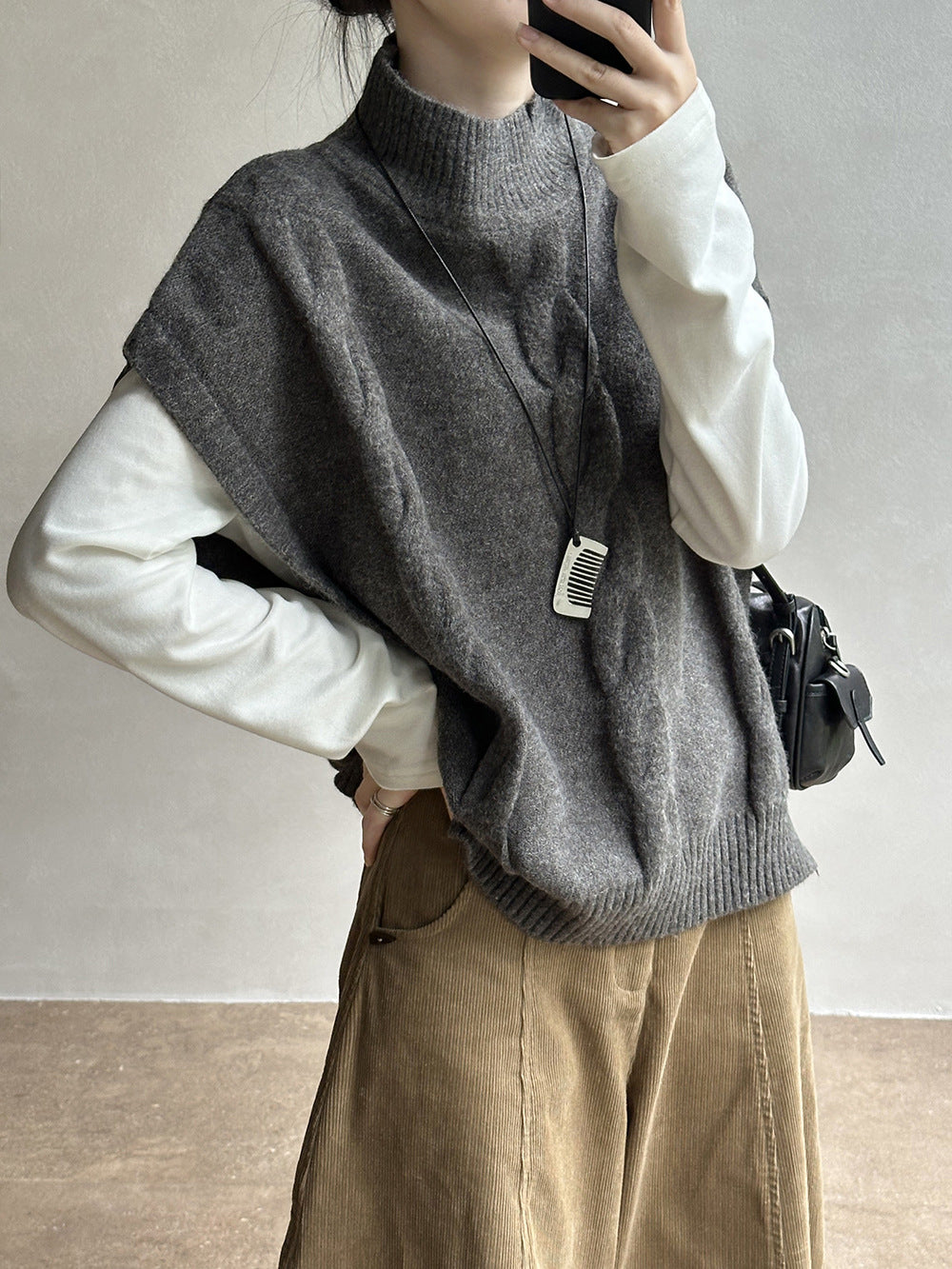 復古麻花半高領側扣針織馬甲-4色