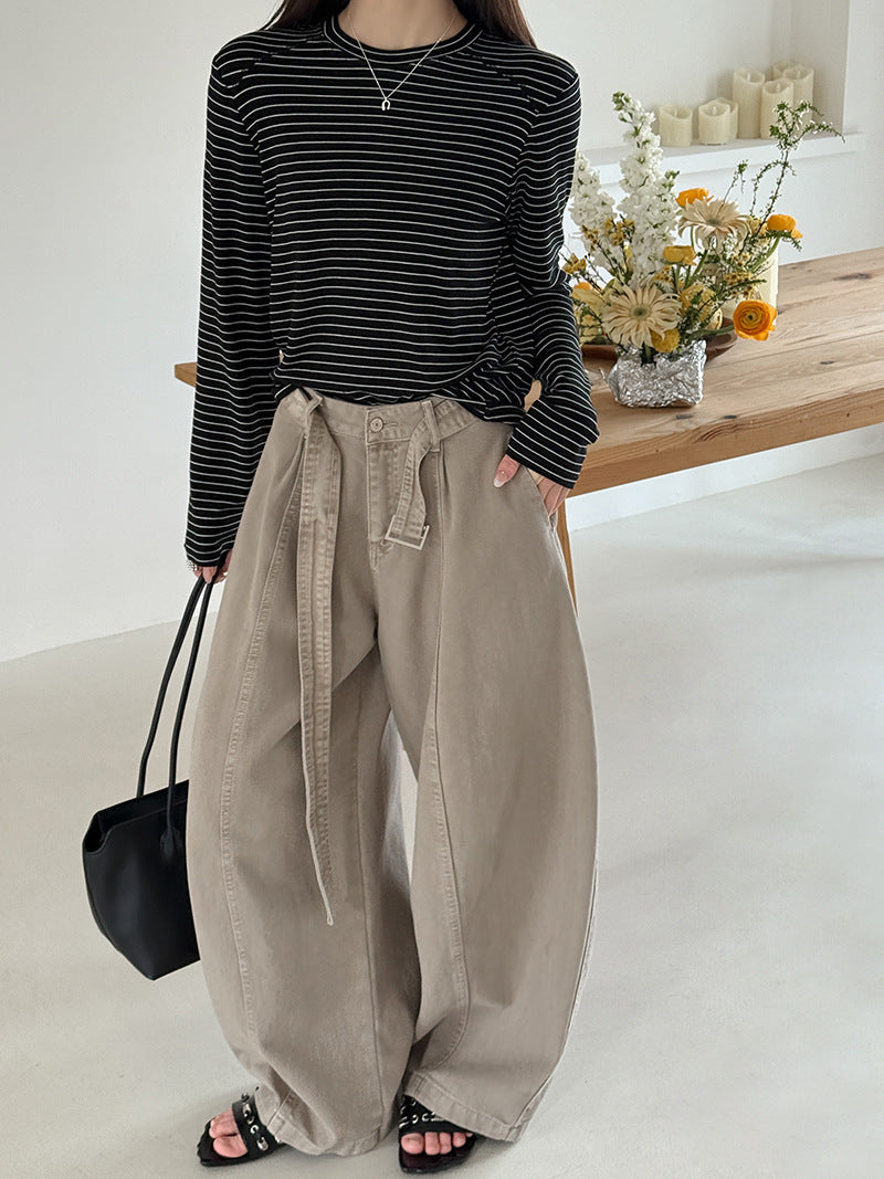 韓系復古高腰寬鬆顯瘦闊腿牛仔褲+腰帶-3色
