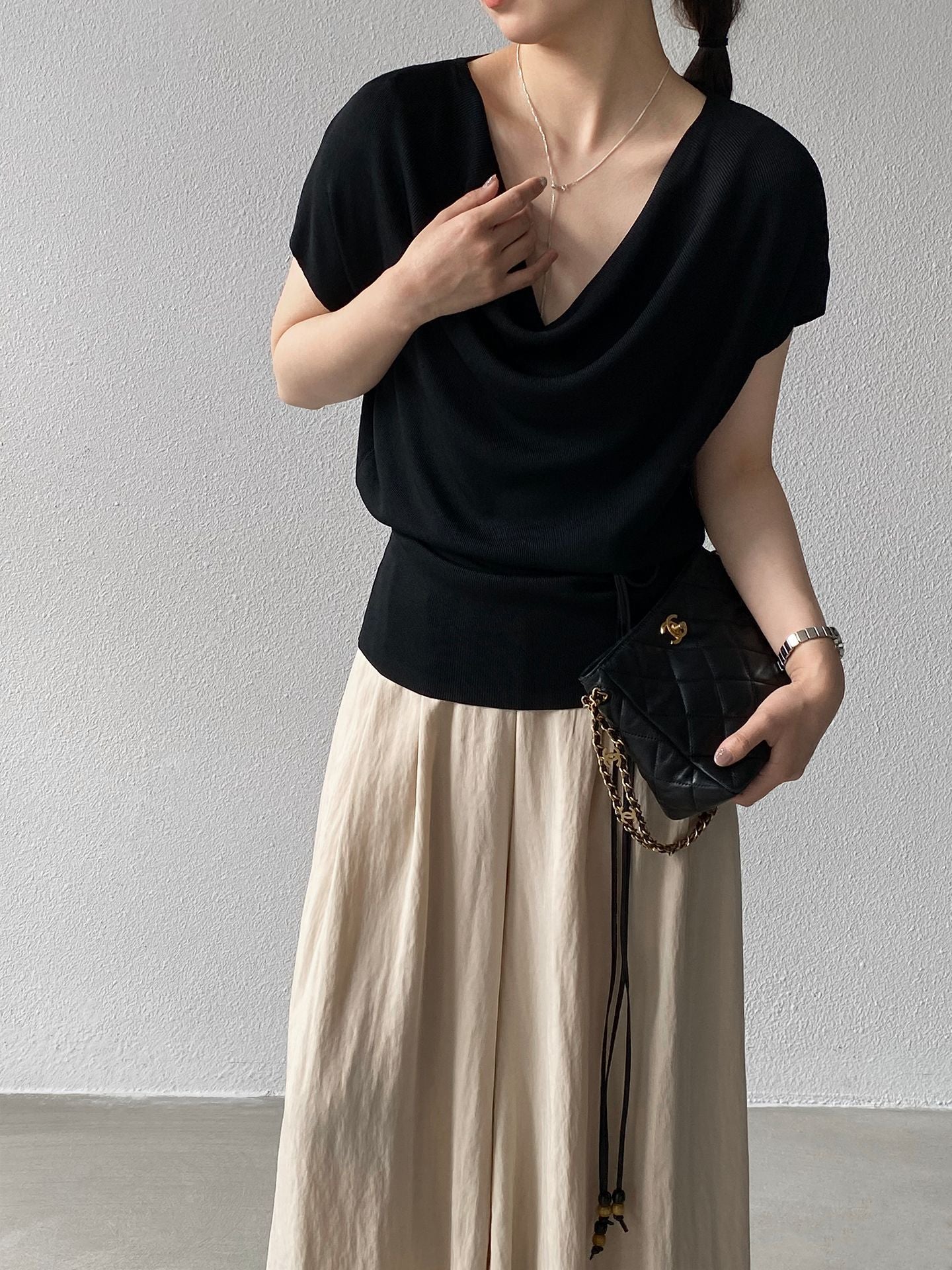 老錢鬆弛感冰感絲滑蕩領針織短袖T恤-5色