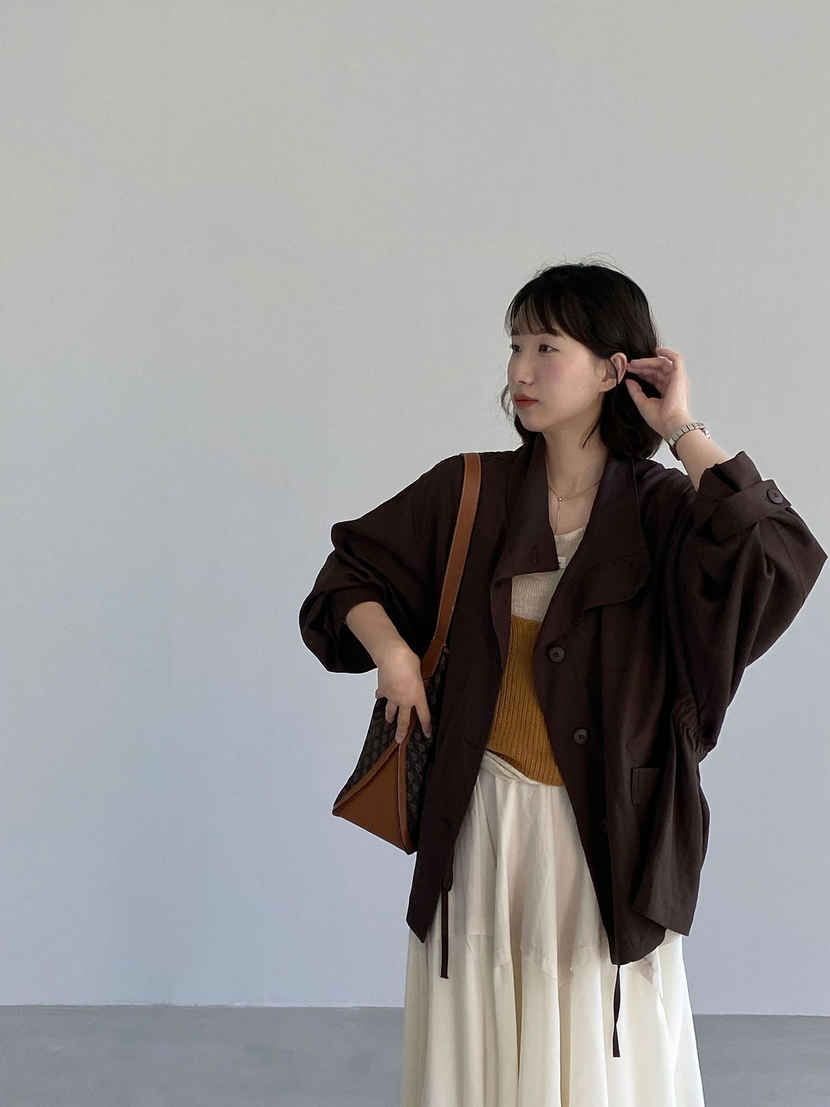 松系美學老錢風廓形蝙蝠袖亞麻風衣