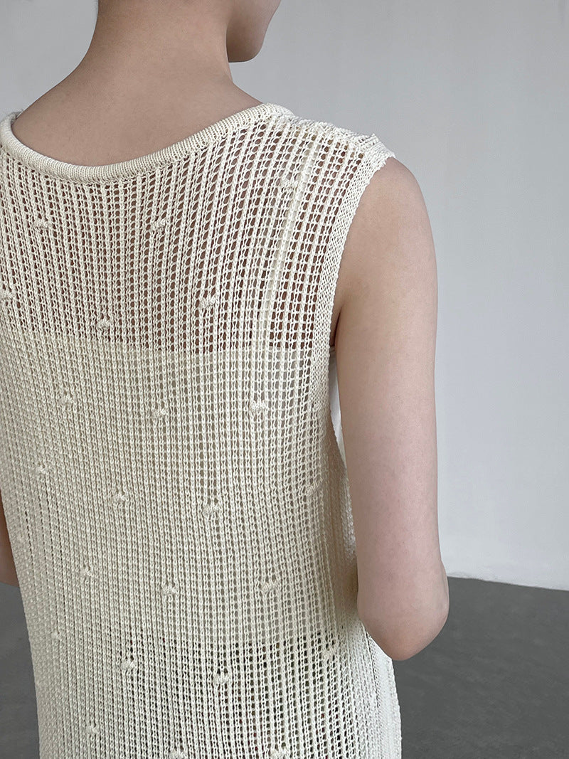 韓系側開叉圓領疊穿鏤空中長背心連身裙-4色