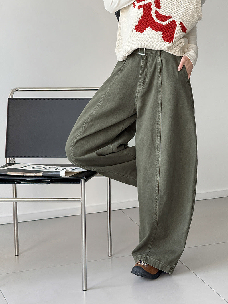 韓系復古高腰寬鬆顯瘦闊腿牛仔褲+腰帶-3色
