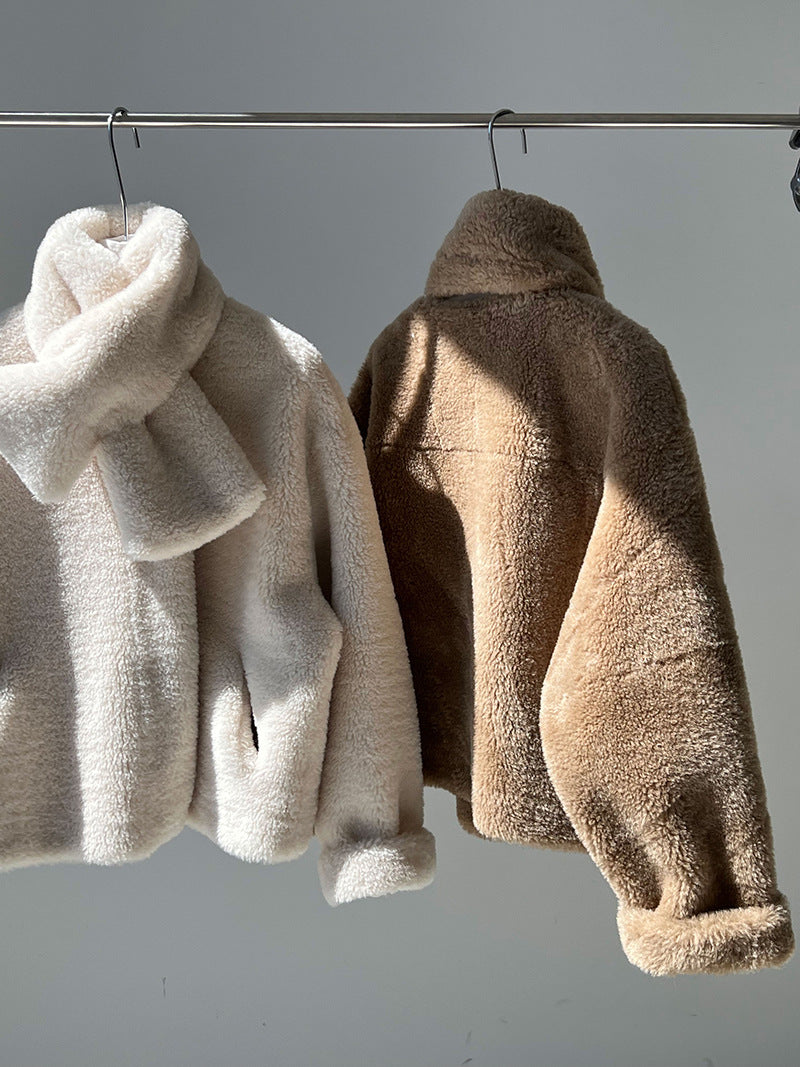 保暖毛絨皮草羊羔毛外套+圍巾-2色