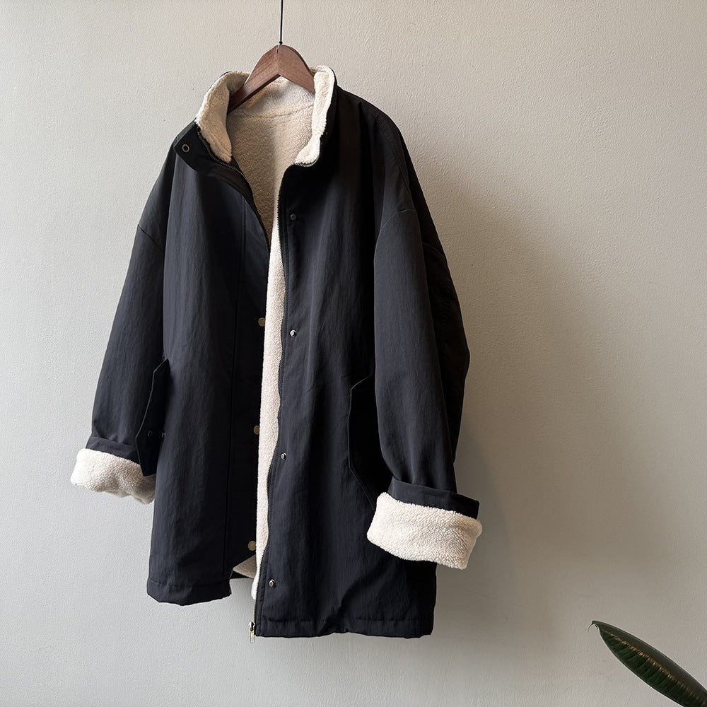 韓系設計感立領羊羔毛工裝保暖派克外套-2色