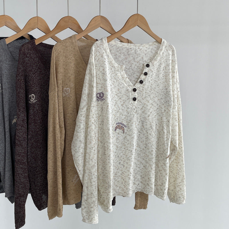 韓系鬆弛感刺繡半開V領長袖針織衫-5色