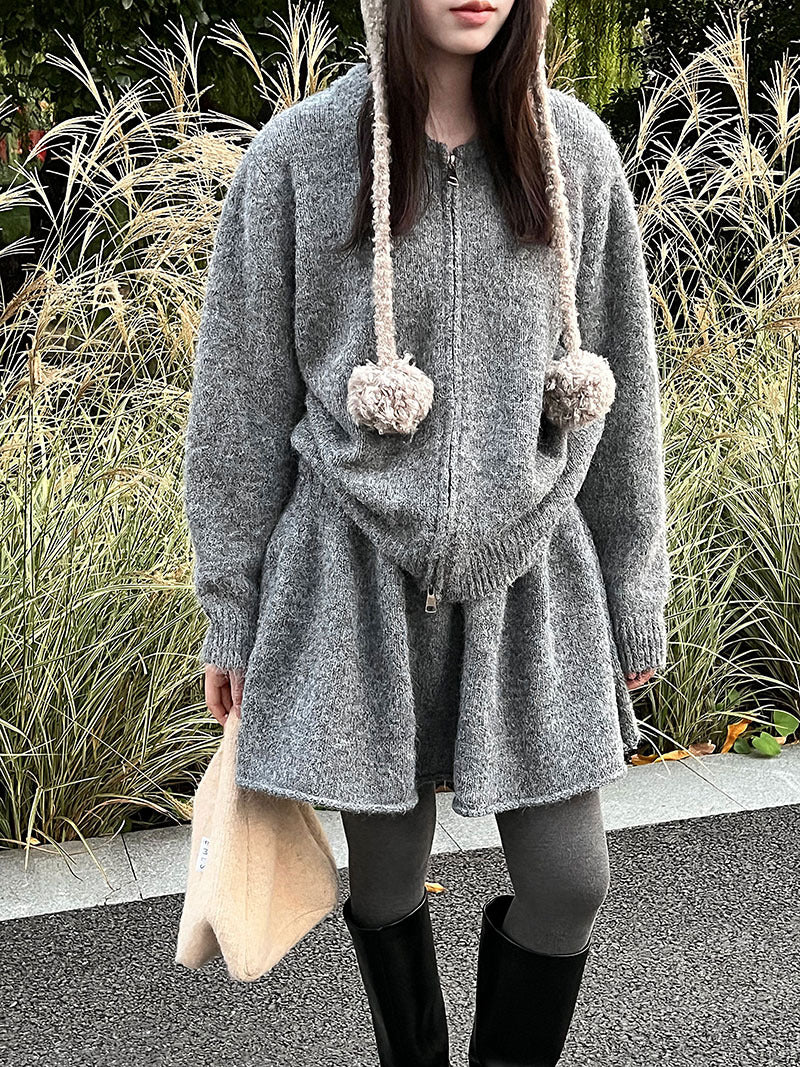 韓系軟糯休閒針織毛衣+卷邊A字短裙-兩件式套裝-3色