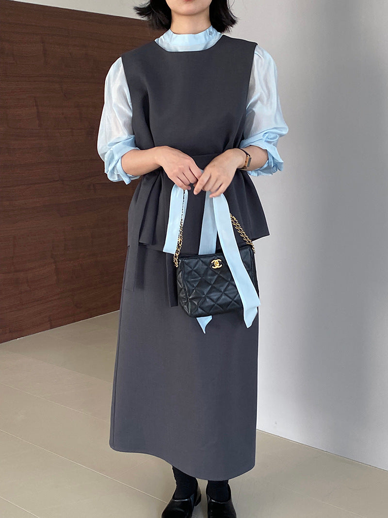 韓版高品質顯瘦西裝無袖馬甲+半身裙+配腰帶-三件式套裝