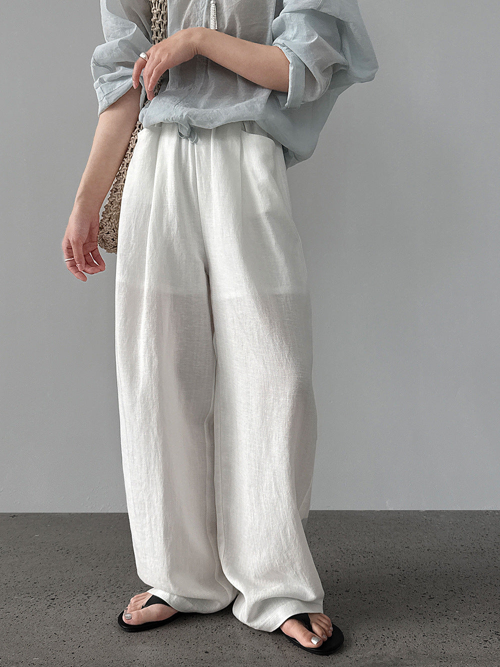 韓系亞麻垂墜感鬆緊腰闊腿褲-3色