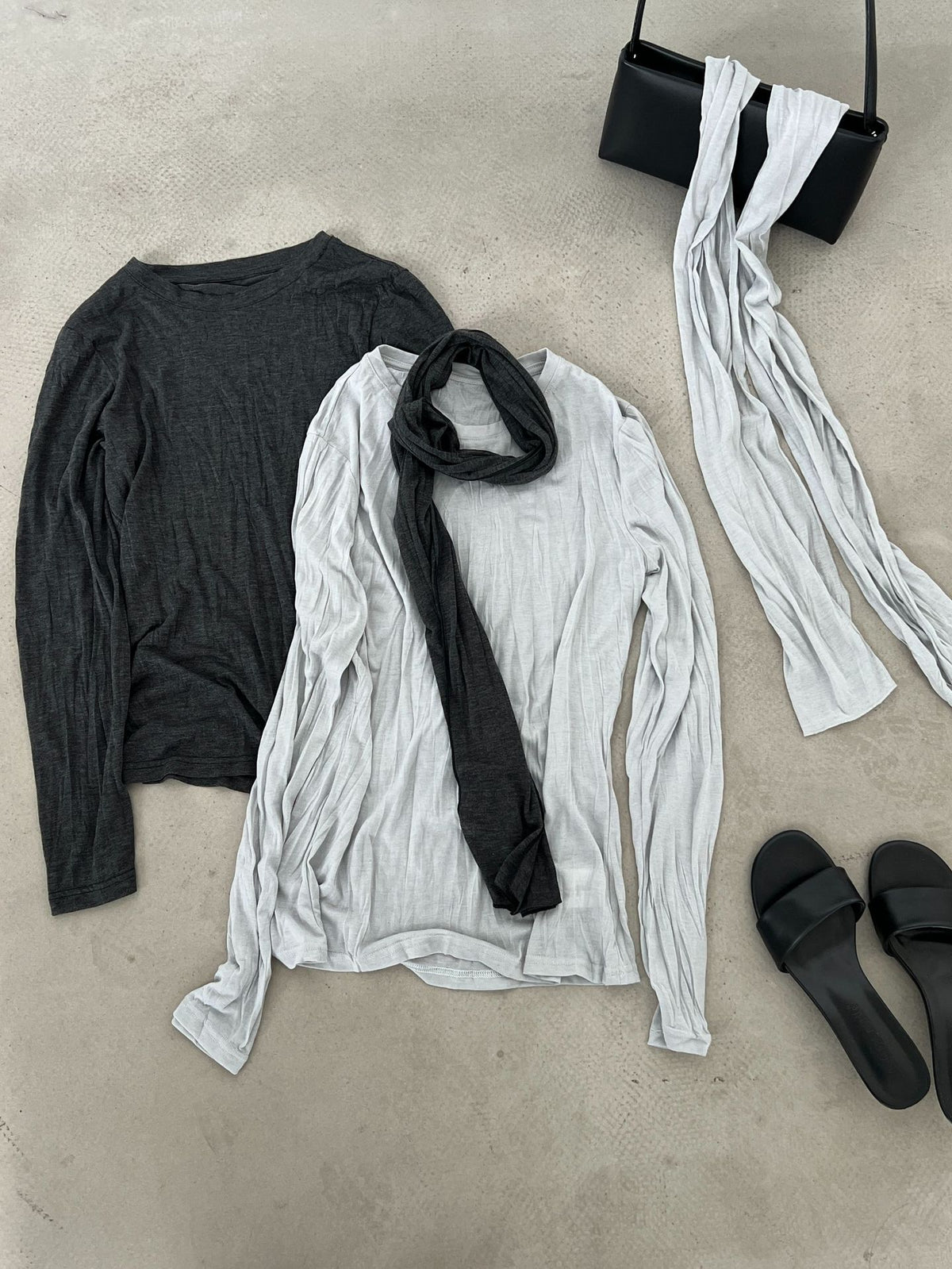 法式軟糯天絲褶皺顯瘦長袖上衣+圍巾-2色