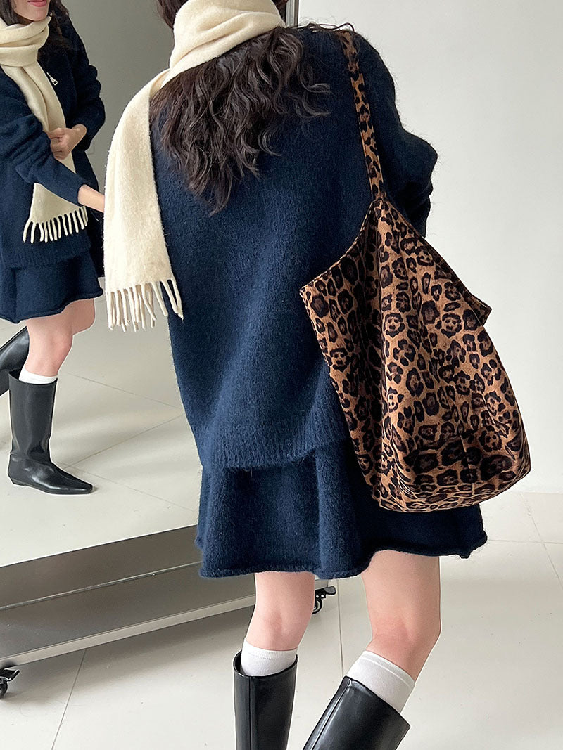 韓系軟糯休閒針織毛衣+卷邊A字短裙-兩件式套裝-3色