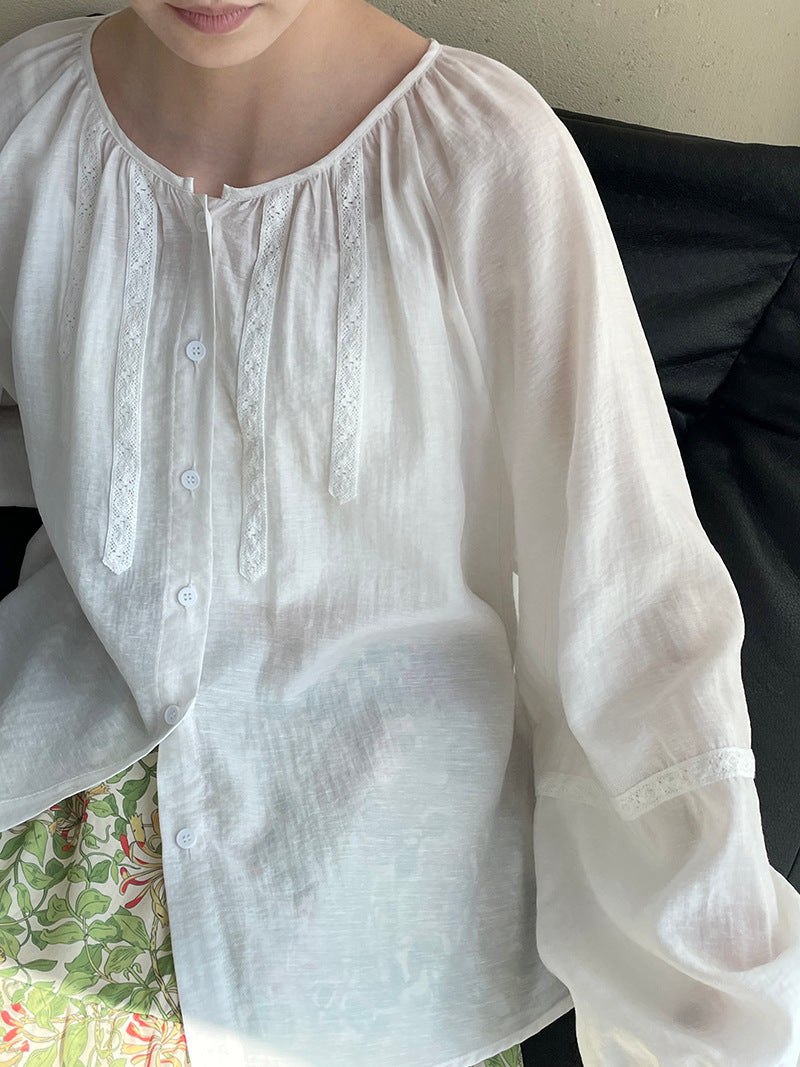 法式刺繡拼接燈籠袖圓領娃娃衫襯衫-2色