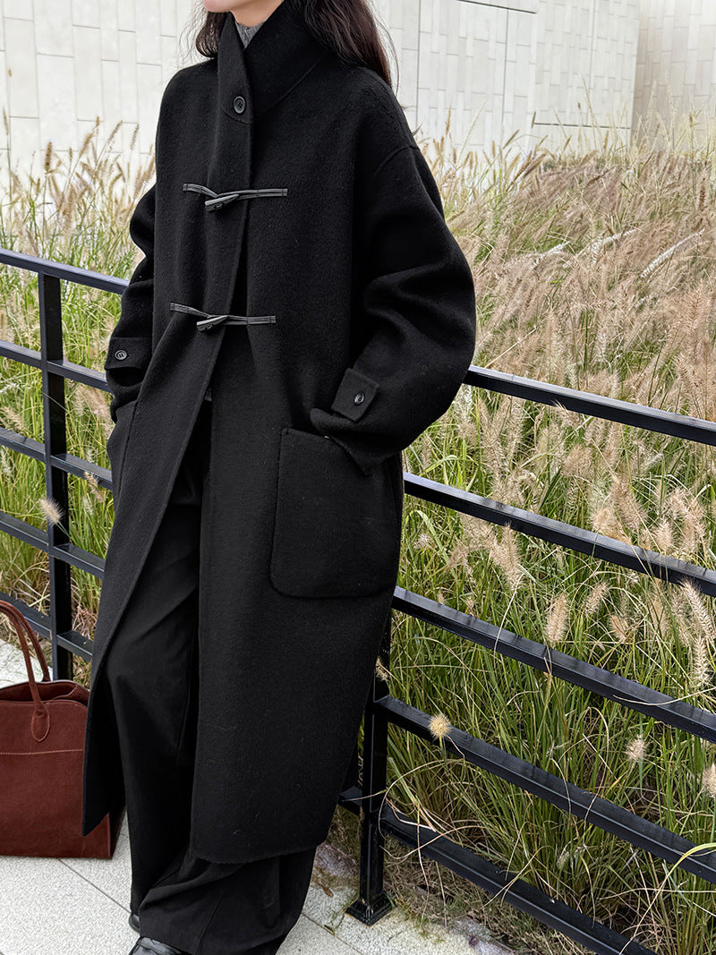 復古立領牛角扣羊毛雙面毛呢大衣外套